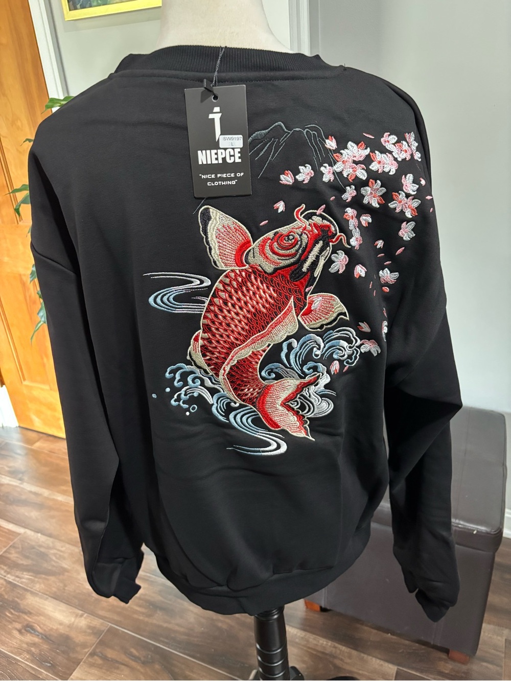 Niepce Japanese Embroidered Koi & Cherry Blossom Black Sweatshirt New